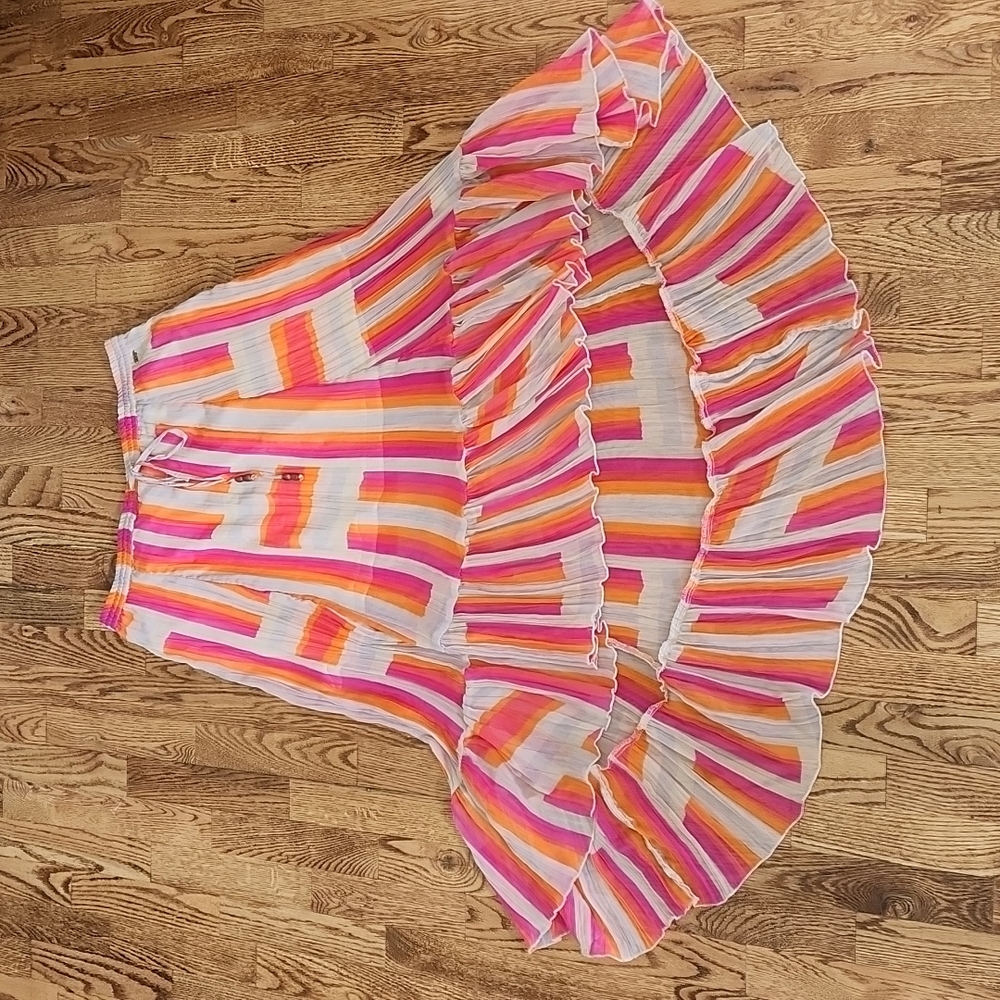 (XL) Roxy High Low Hem Romantic Bohemian Vacation Caribbean Ruffled Color Block